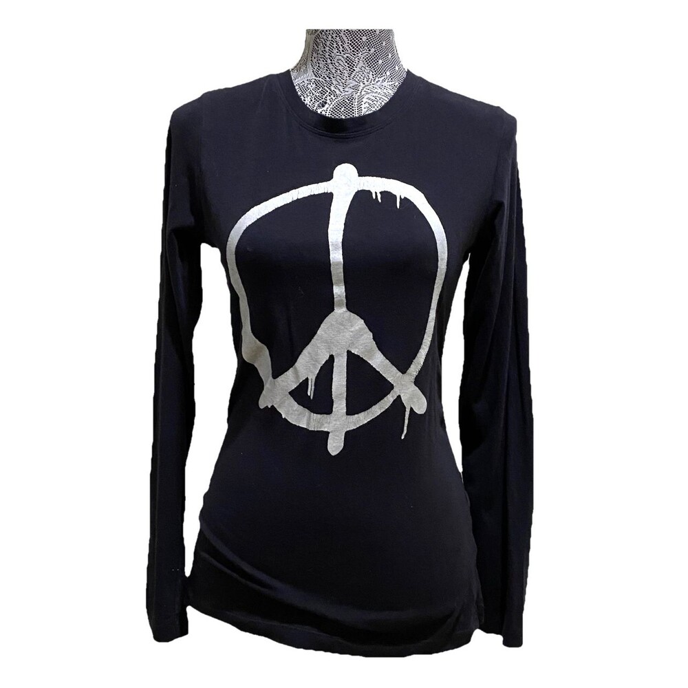 ISDA & CO Peace Sign Graphic Long Sleeve Black Metallic Foil Stretch Top XS - Picture 15 of 15